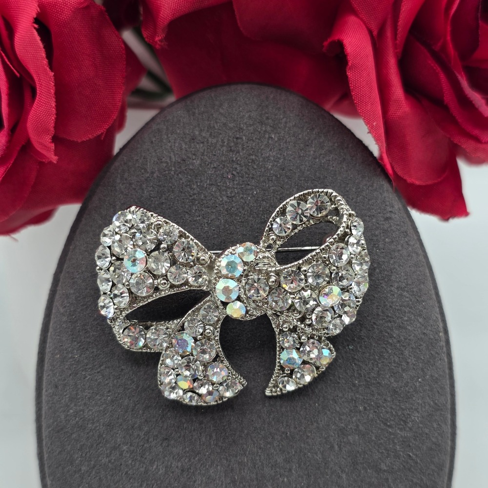 Silver Tone Rhinestone Bow Brooch Clear Aurora Borealis Crystal Ribbon Pin Glam